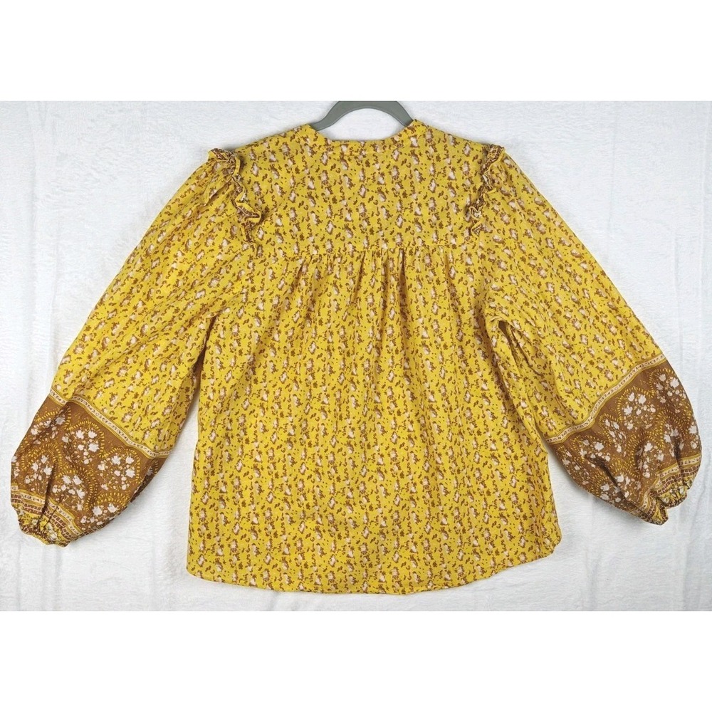 Joie Women's XL Floral Blouse Yellow Brown Boho Prairie Ruffle Puff Sleeve... - Picture 5 of 10